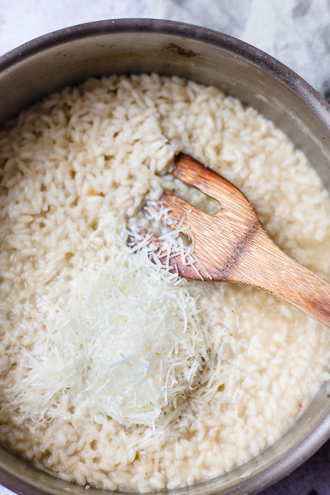 Step 2 of cooking process for asparagus risotto.