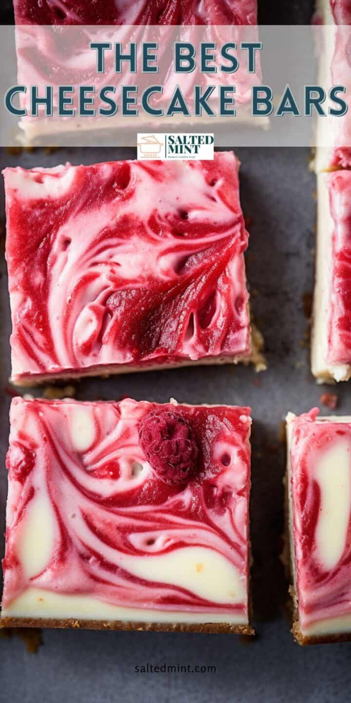 Easy raspberry cheesecake bars with text overlay.