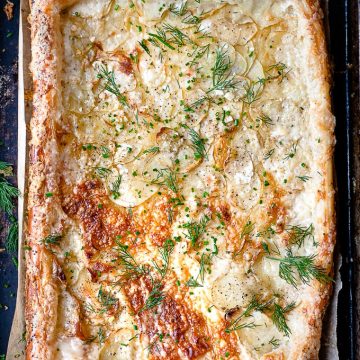 Potato tart with puff pastry and cheese.