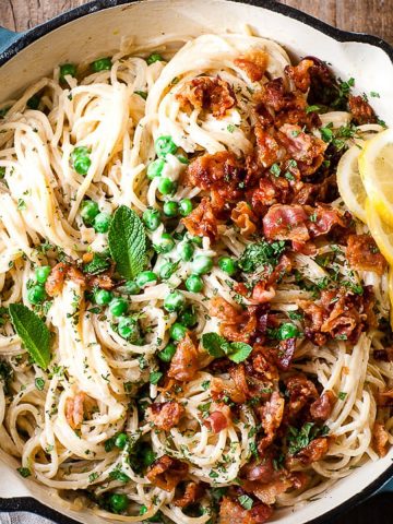 Pea and bacon pasta with lemons.