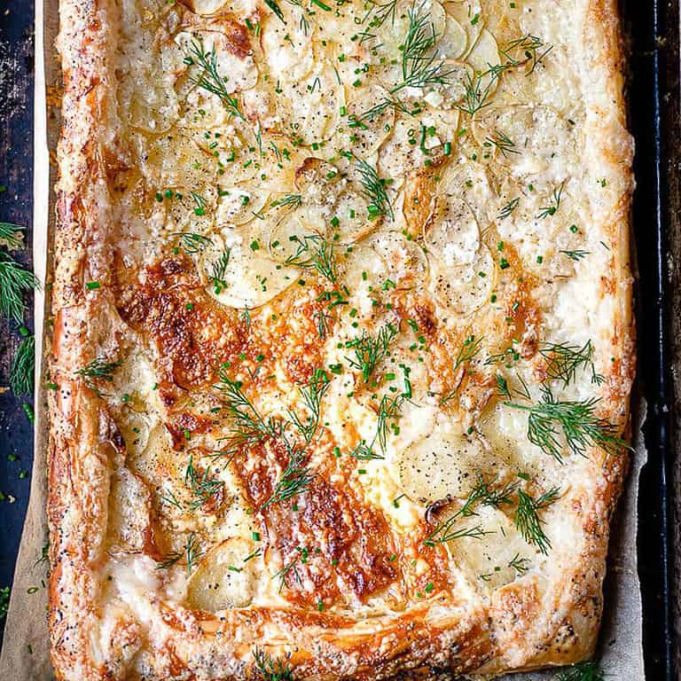 Potato and cheese puff pastry tart.