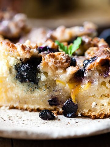 Blueberry nectarine coffee cake with crumble topping.