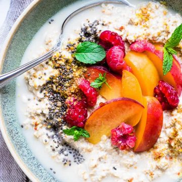 Chia pudding with roasted fruit in a bowl.