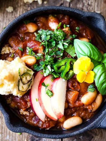 Cowboy baked beans with chipotle and basil.