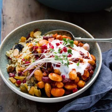 Moroccan beans stew with rice in a bowl.