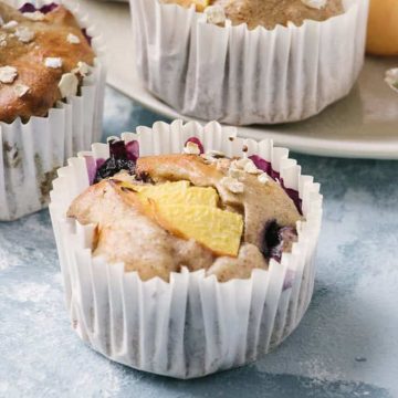 Healthy peach muffins with blueberries.