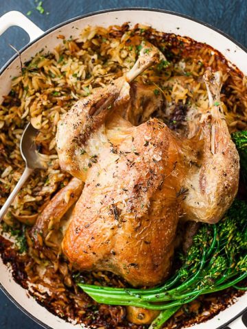 Roast chicken dinner in a pot with orzo and broccoli.