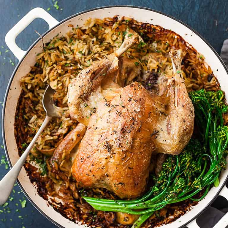 Roast chicken dinner in a pot with orzo and broccoli.