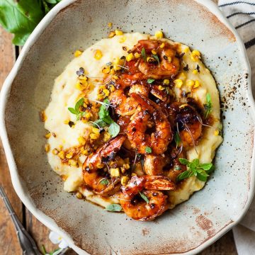Prawns with polenta and roasted corn.