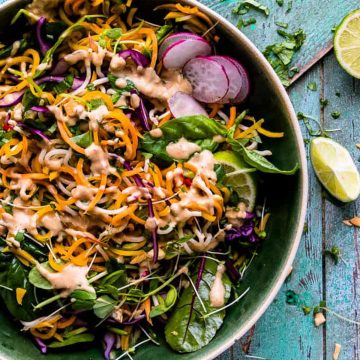 Healthy noodle salad with dressing.
