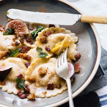 Pumpkin tortellini with bacon and browned butter.