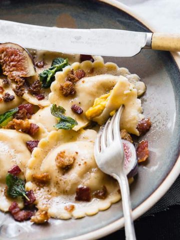 Pumpkin tortellini with bacon and browned butter.