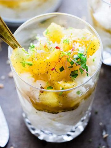 Coconut rice pudding with pineapple salsa.