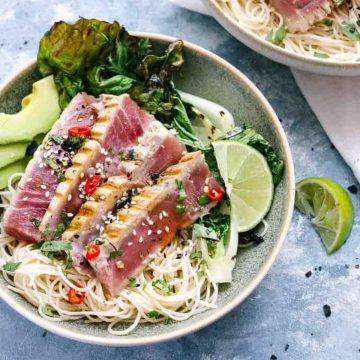 Seared tuna bowls with noodles.