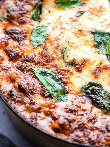 Easy one pan skillet lasagna with basil.