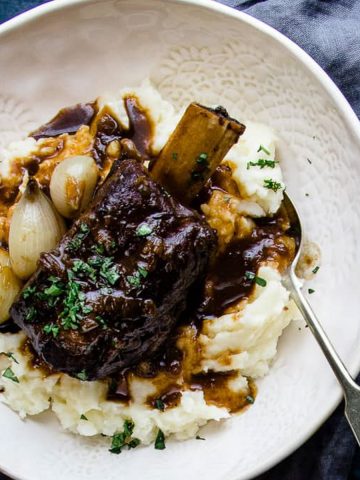 Slow cooker braised beef short ribs.