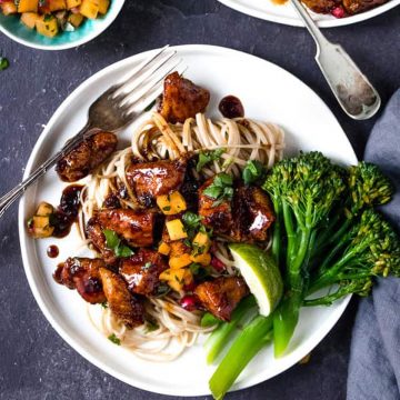 Sticky Asian chicken with noodles.