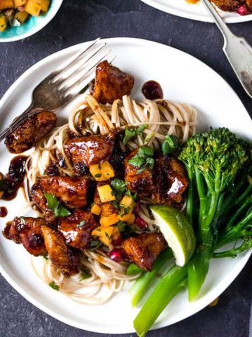 Sticky Asian chicken with noodles.