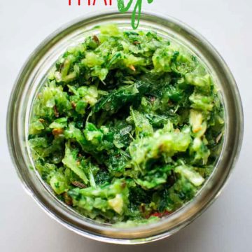 Jar of homemade Thai green curry paste.