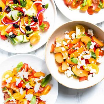 Tomato salads with olives and feta.