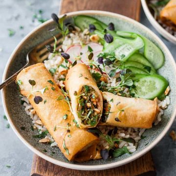 Vegetable spring rolls in a bowl.