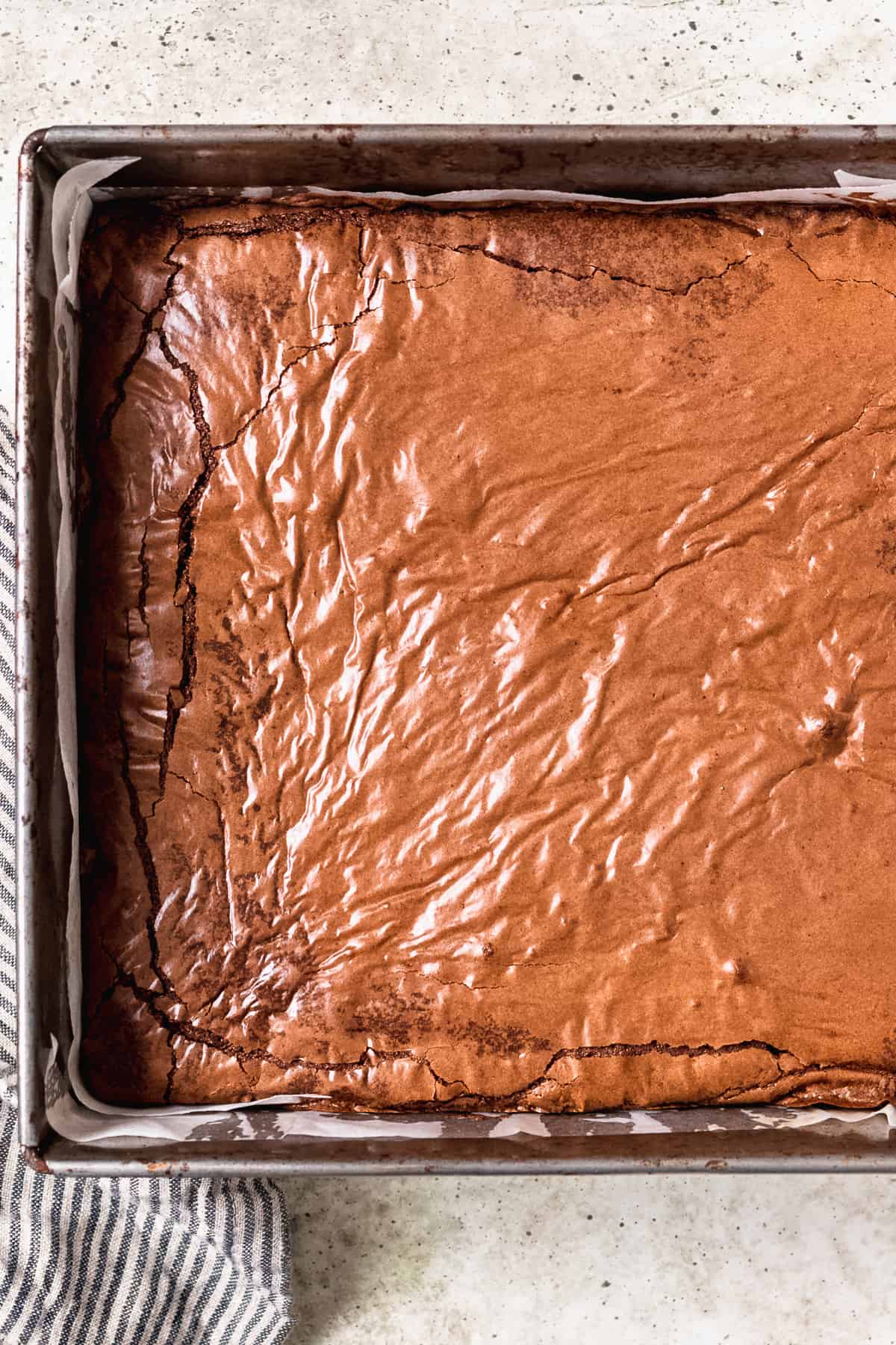 Baked brownies in a tin.