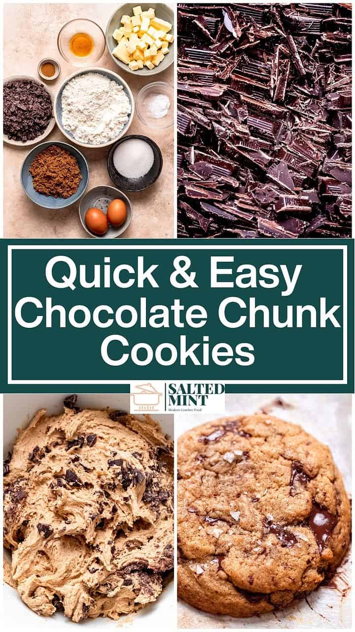 Chocolate chunk cookies on a baking tray with text overlay.