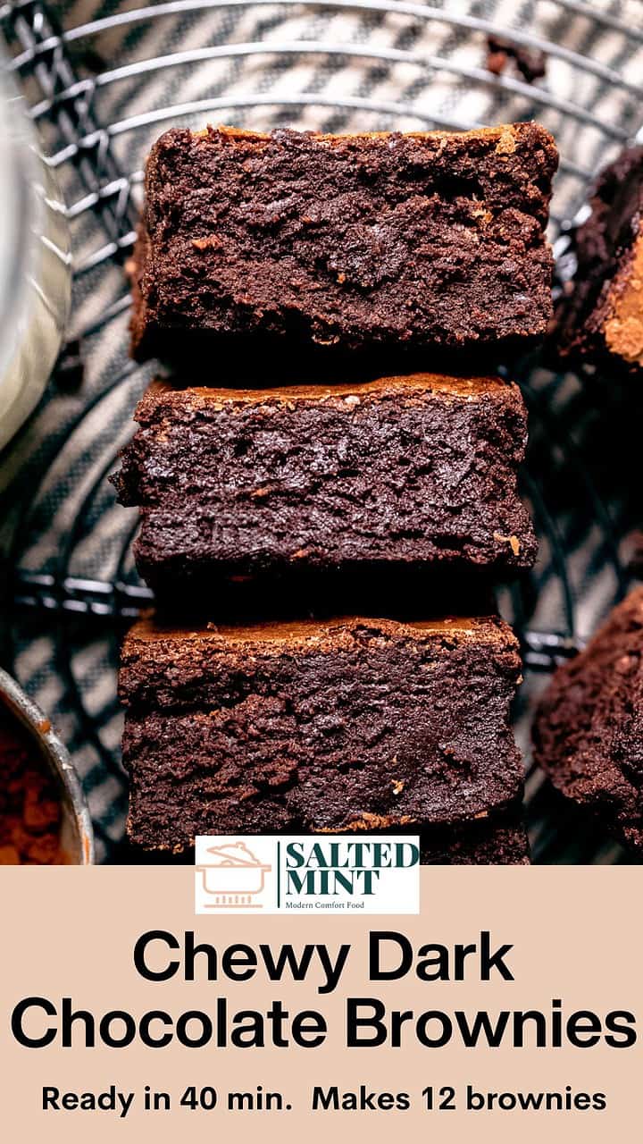 Dark chocolate brownies on a cooling rack with text overlay.