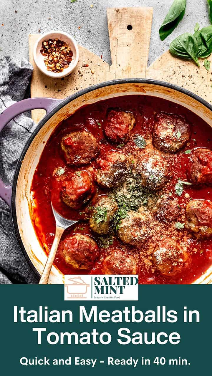 Easy lamb meatballs in tomato sauce with text overlay.