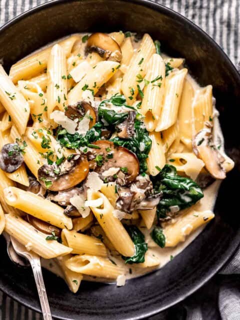 Lighter Healthier Creamy Mushroom Pasta.