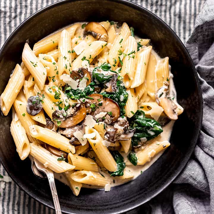 Lighter Healthier Creamy Mushroom Pasta.
