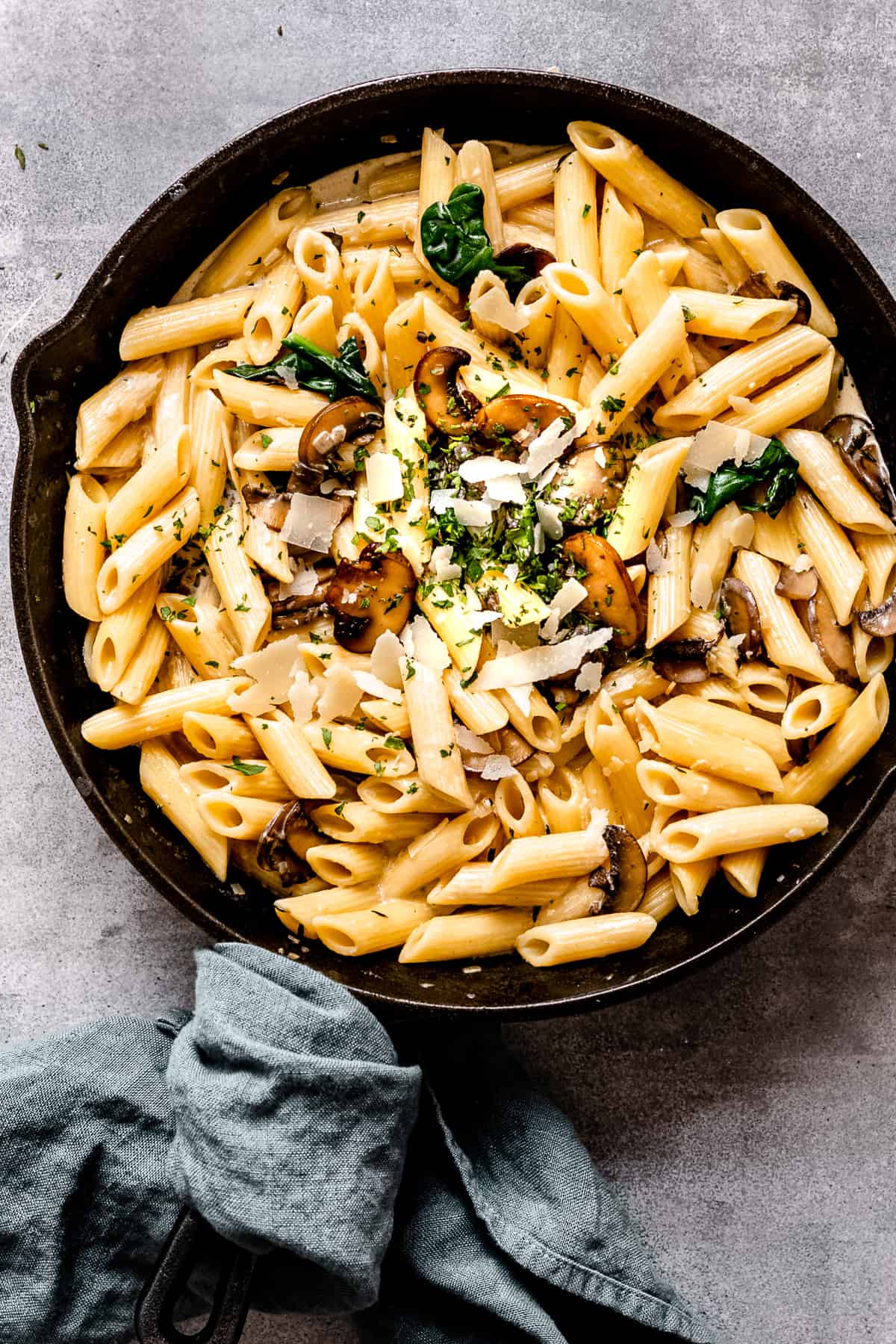 Lighter healthier mushroom pasta with parsley.