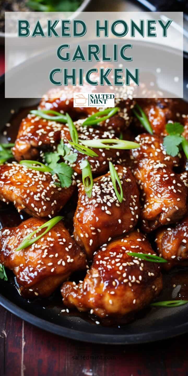 Baked honey garlic chicken with text overlay.