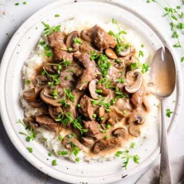 Rich beef stroganoff on a white plate.