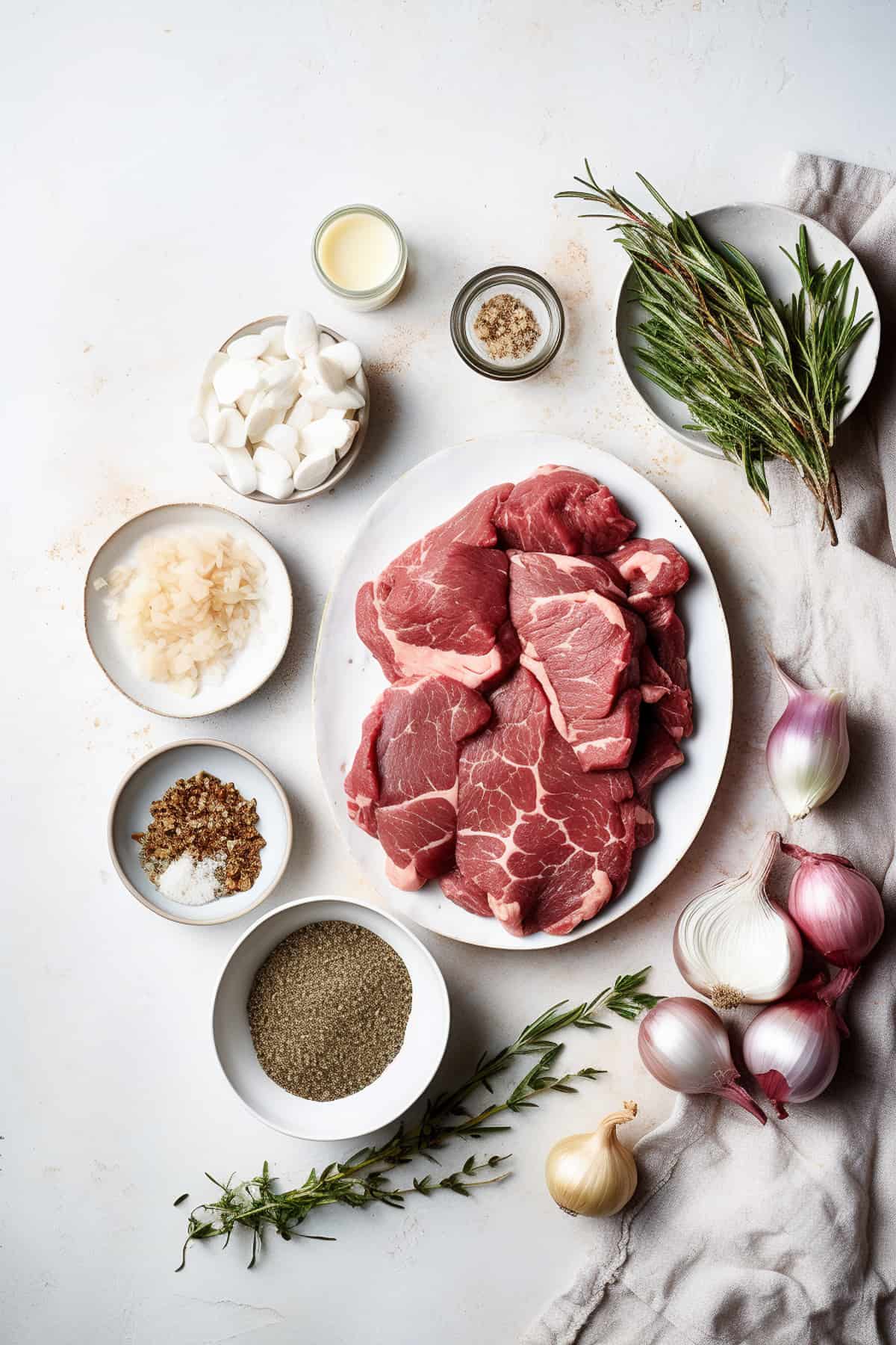 Ingredients for Rich beef stroganoff on a white plate.