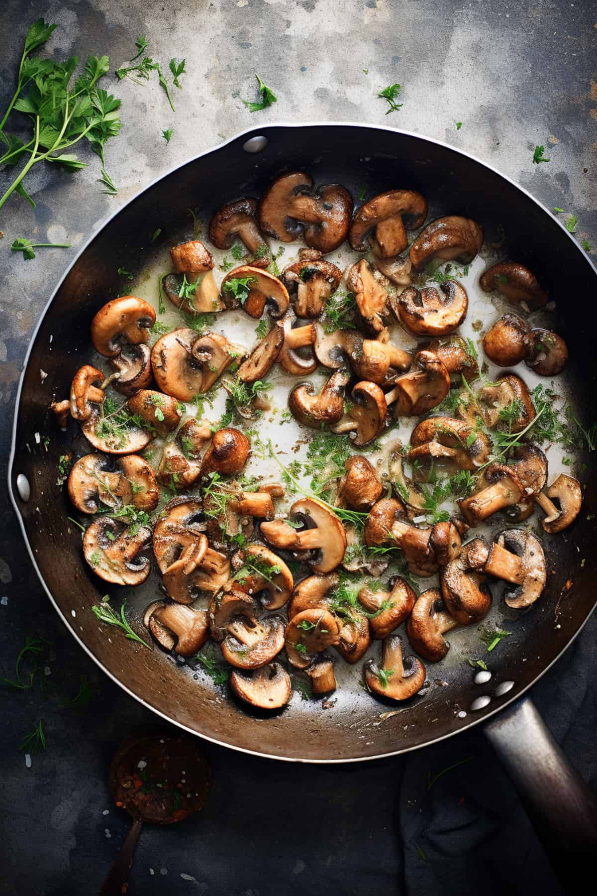 Mushrooms for Rich beef stroganoff in a skillet.