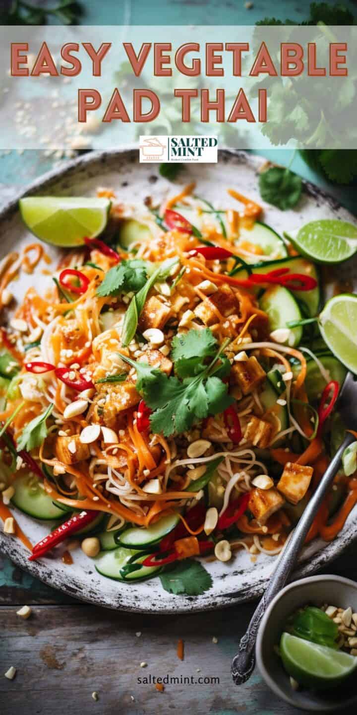 Easy vegetable pad thai with text overlay.