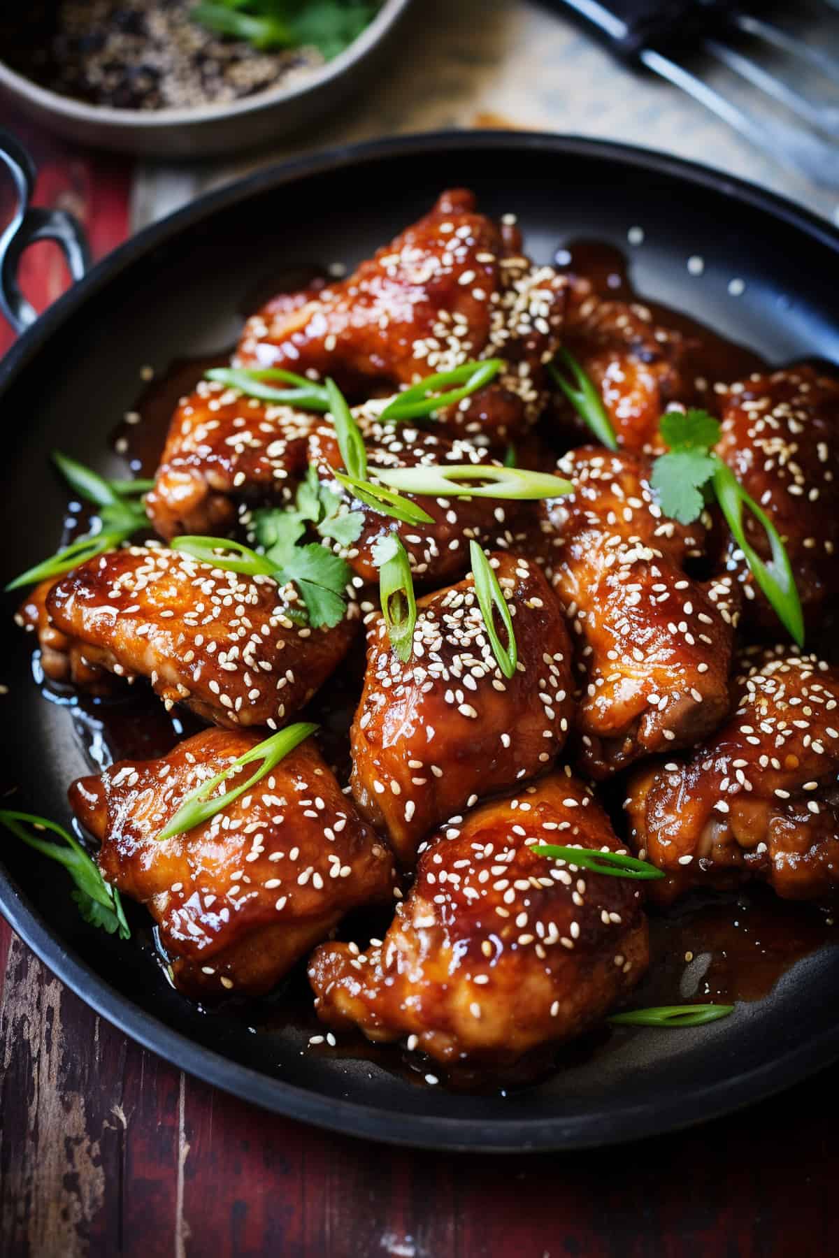 Baked honey sesame chicken in a skillet.