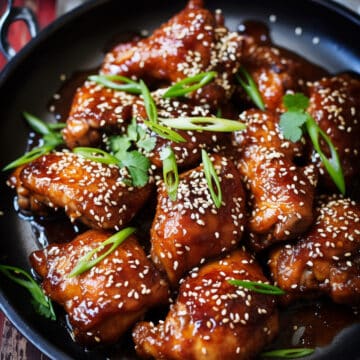 Baked honey sesame chicken in a skillet.