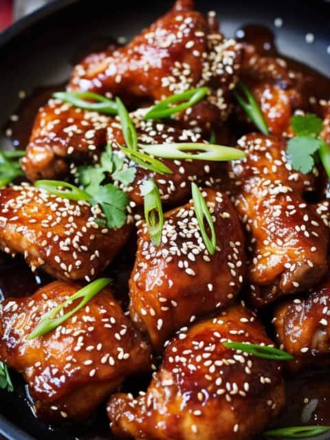 Baked honey sesame chicken in a skillet.