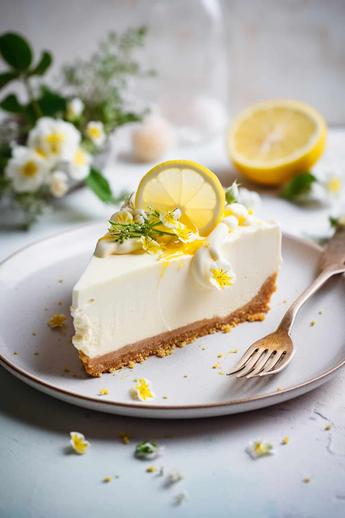 A slice of no bake lemon cheesecake on a white plate.