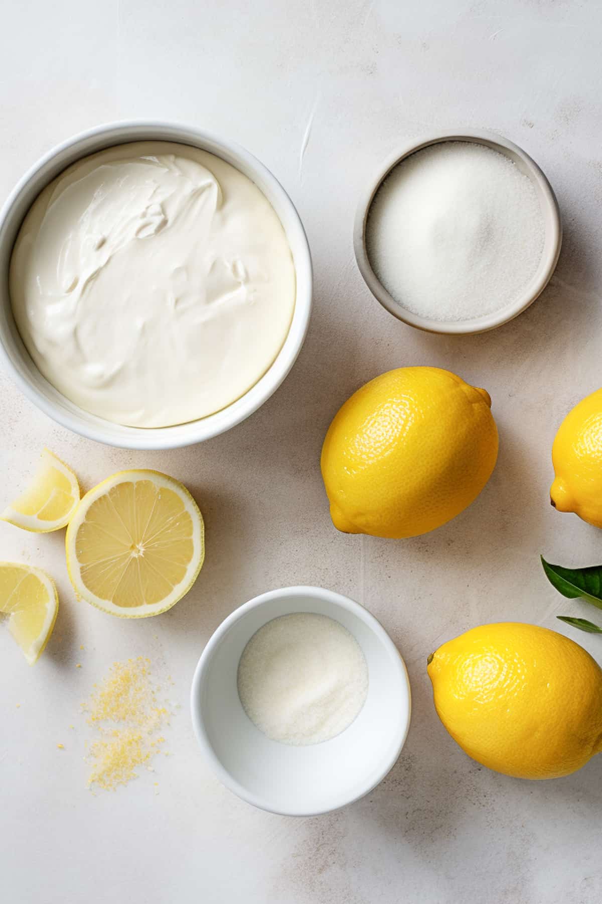 Ingredients for no bake lemon cheesecake on a white table.