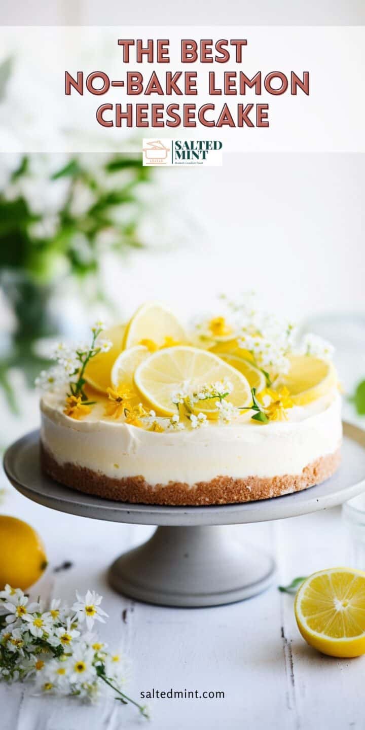 No bake lemon cheesecake on a cake plate with text overlay.