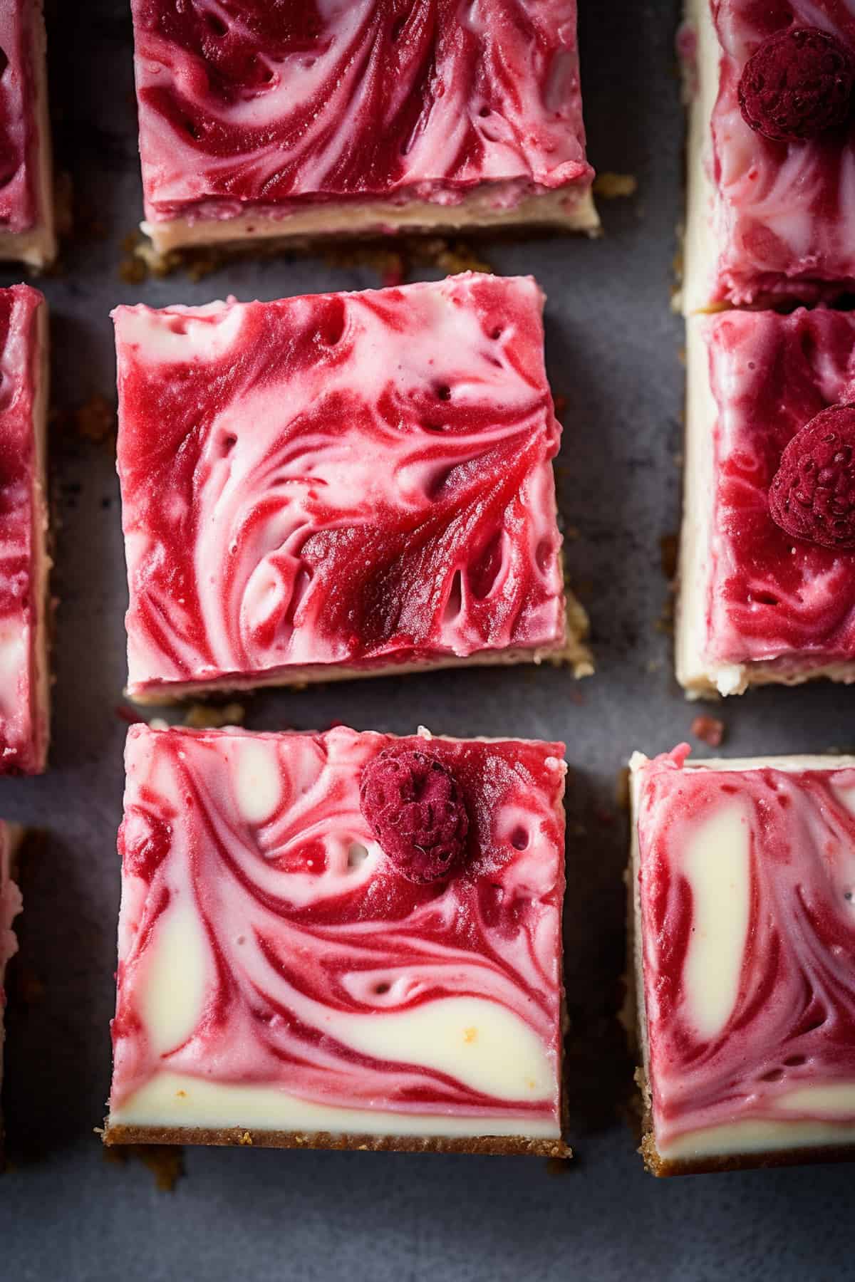 Raspberry cheesecake bars on a baking tray.