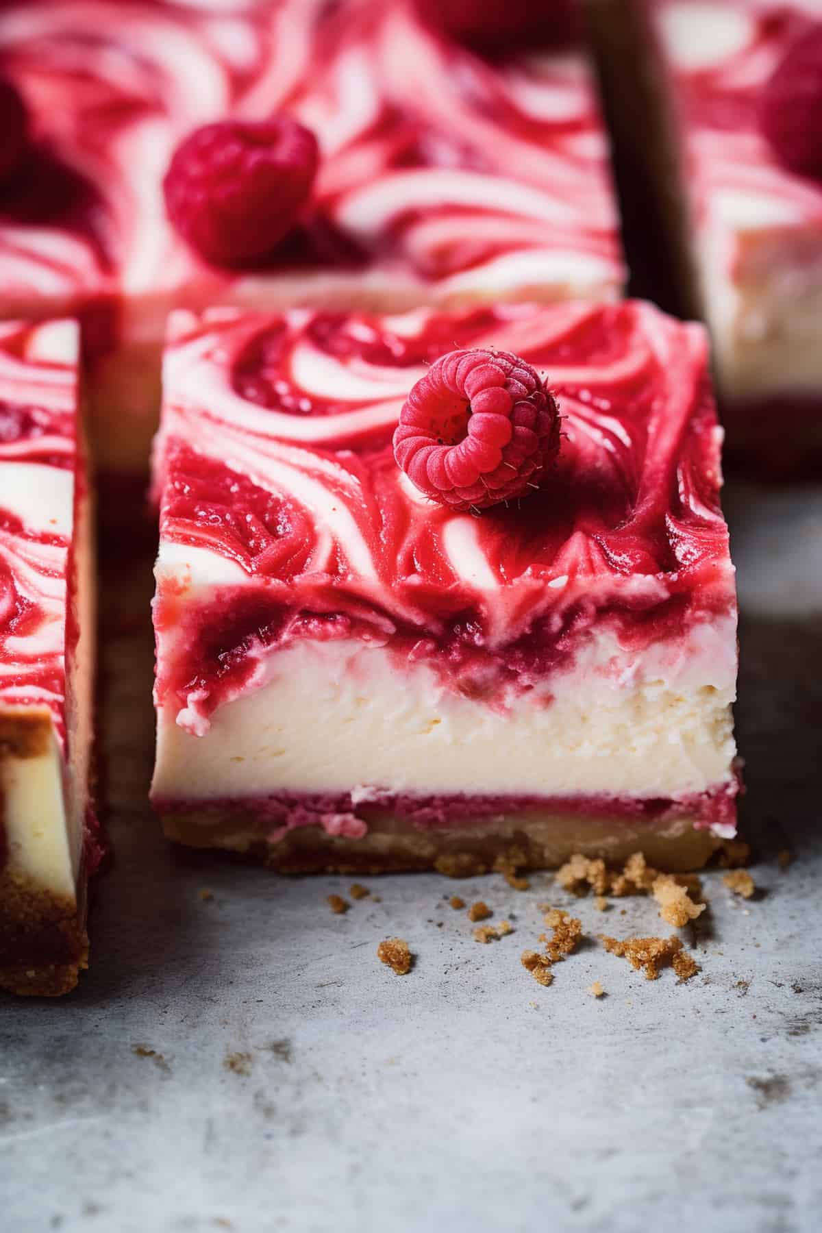 Raspberry cheesecake bars on a baking tray.