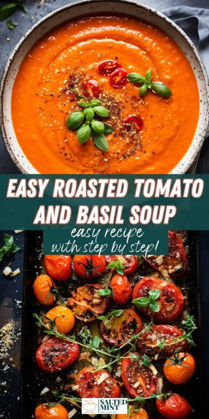 Roasted tomato soup in a white bowl with text overlay.