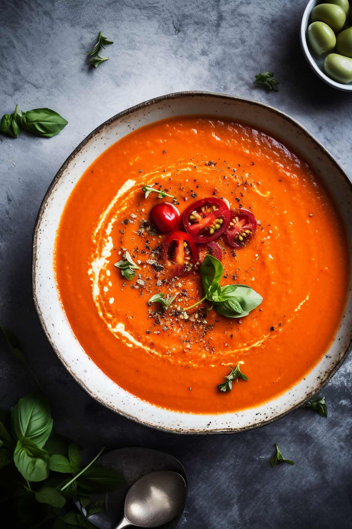 Roasted tomato soup with a drizzle of fresh cream.