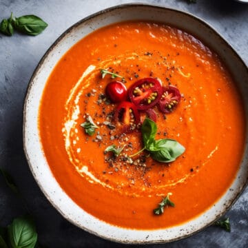 Roasted tomato soup with a drizzle of fresh cream.