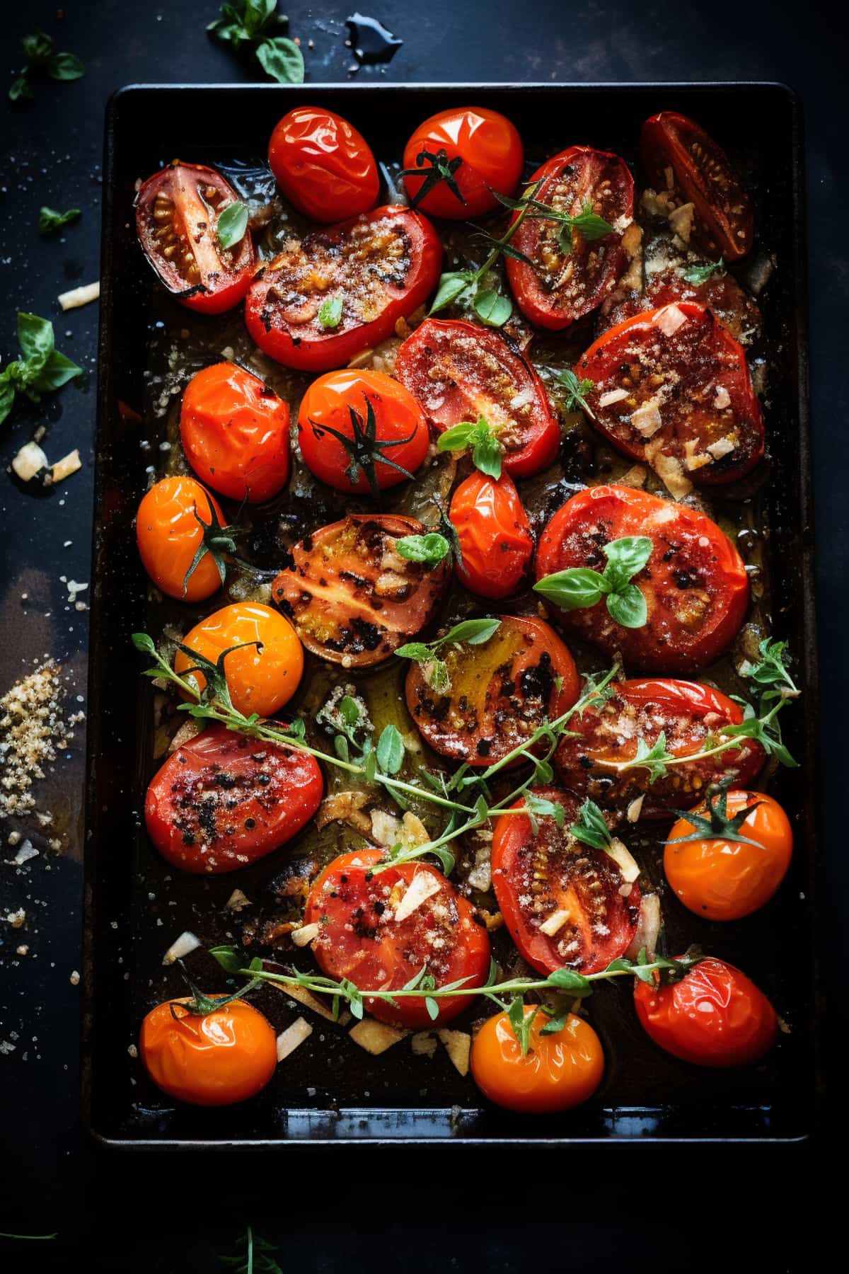 Roasted tomatoes on a baking tray.
