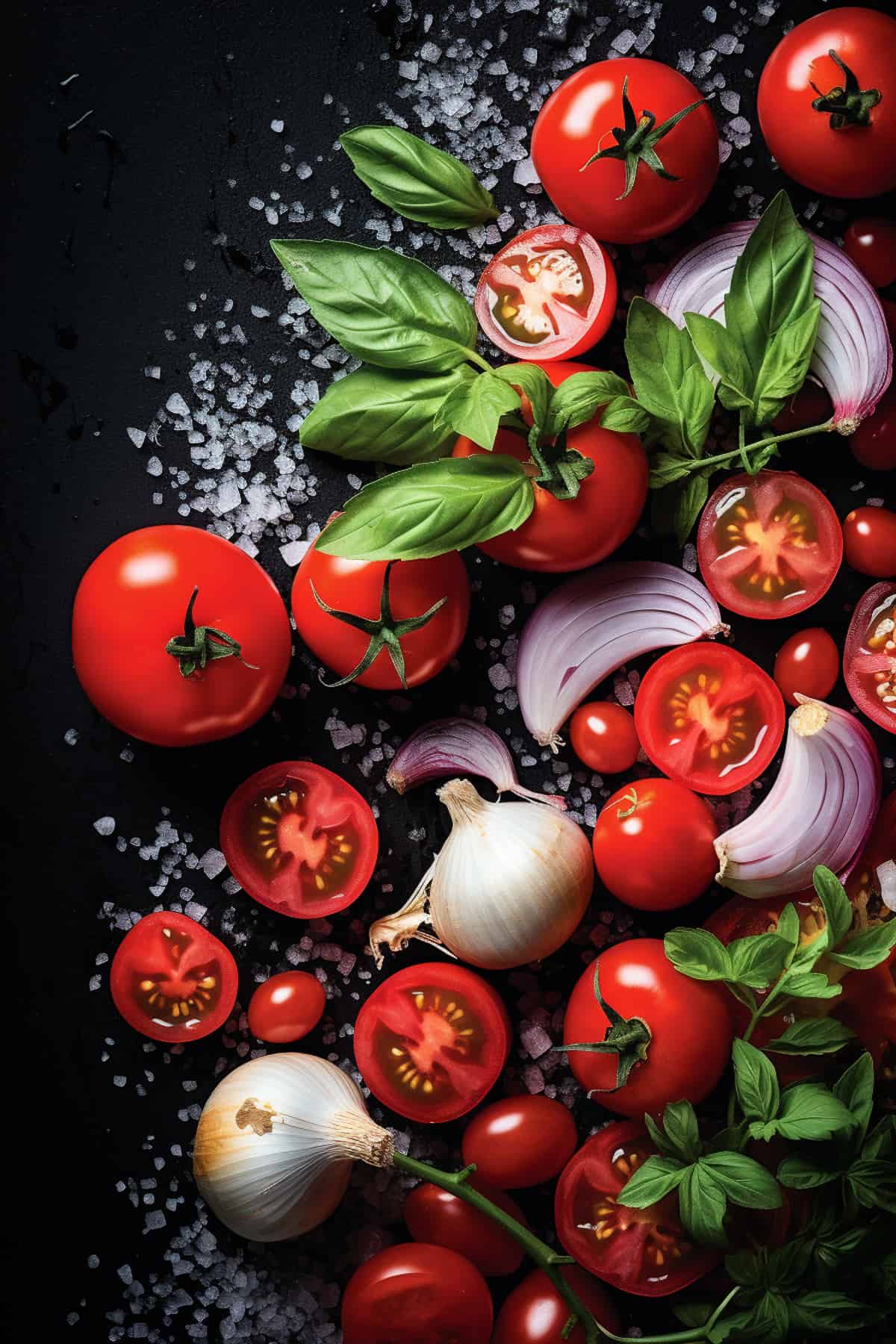 Ingredients for roasted tomato soup on a dark baking tray.